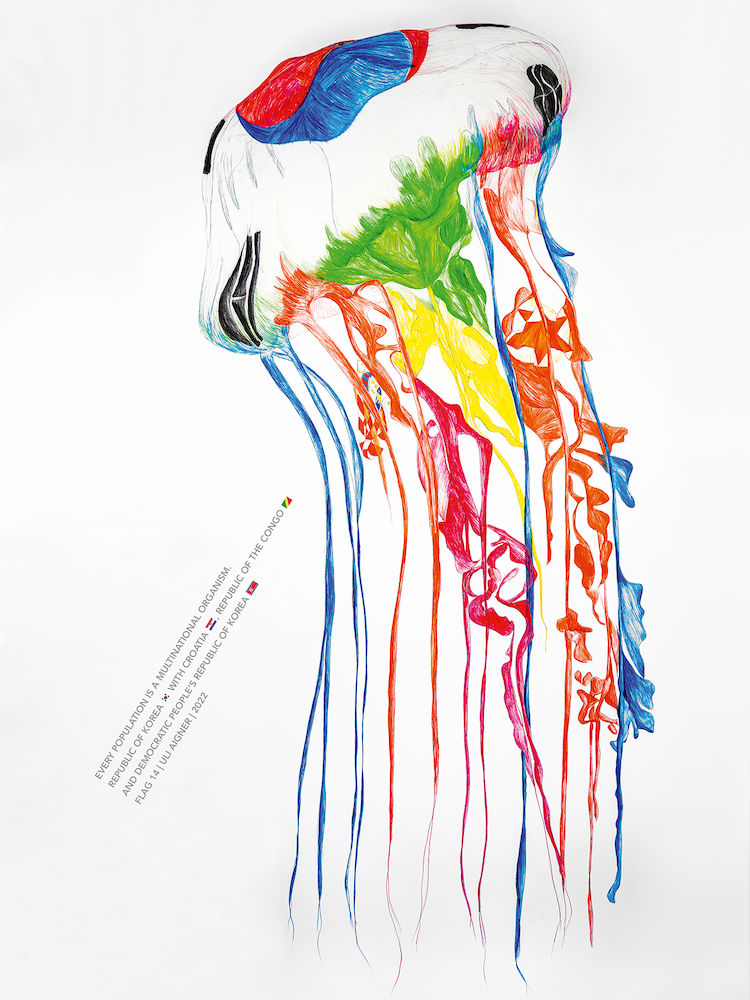 Flag 14 | Republic of Korea with Croatia, Republic of the Congo and Democratic People's Republic of Korea | Uli Aigner | 306 x 180 cm | Colored pencil on paper