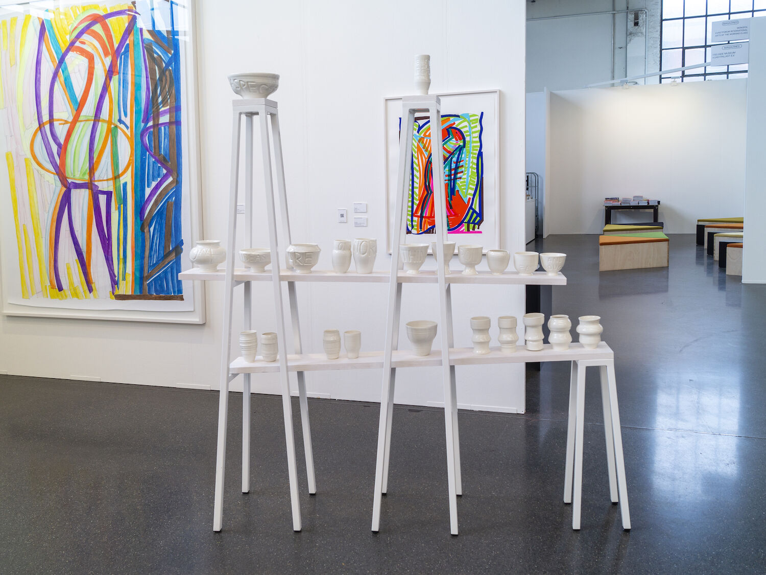 ONE MILLION - Be Silent Touch Look Swallow, 2024, Holz, Stahl, and Porzellan, 220 x 190 x 35 cm